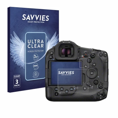 Front side of a product packaging with the brand logo Savvies. Next to it is the device Canon EOS R1 shown with the correspond