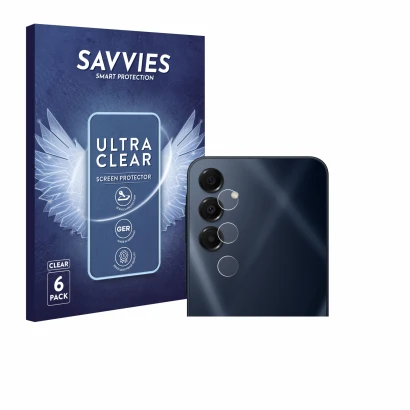 Front side of a product packaging with the brand logo Savvies. Next to it is the device Samsung Galaxy A16 5G (ONLY Camera Len