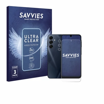 Front side of a product packaging with the brand logo Savvies. Next to it is the device Samsung Galaxy A16 5G (Front+Camera) s