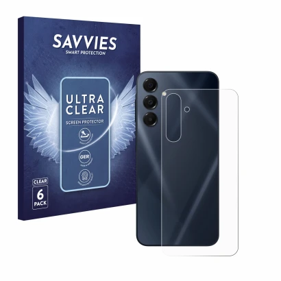 Front side of a product packaging with the brand logo Savvies. Next to it is the device Samsung Galaxy A16 5G (Back) shown wit