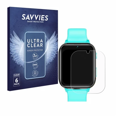 Front side of a product packaging with the brand logo Savvies. Next to it is the device Clleylise Kids Smartwatch 1.7" shown w