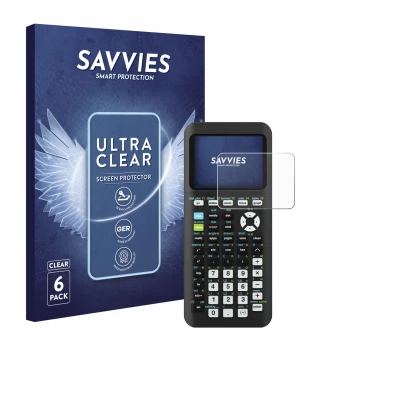 Front side of a product packaging with the brand logo Savvies. Next to it is the device Texas Instruments TI-84 Plus CE-T Pyth