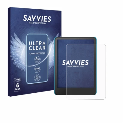 Front side of a product packaging with the brand logo Savvies. Next to it is the device Amazon Kindle Paperwhite Kids 2024 sho