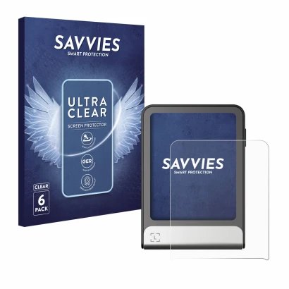 Front side of a product packaging with the brand logo Savvies. Next to it is the device Ledger Flex shown with the correspondi