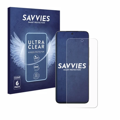 Front side of a product packaging with the brand logo Savvies. Next to it is the device Xiaomi 15 shown with the corresponding