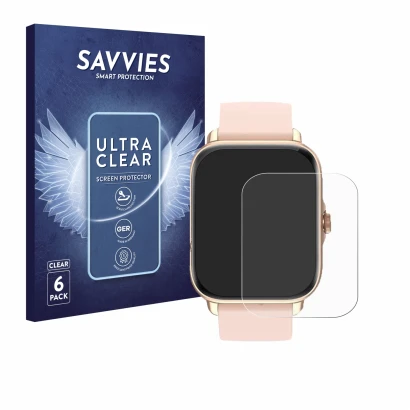 Front side of a product packaging with the brand logo Savvies. Next to it is the device Janolty Smartwatch 1.83" shown with th