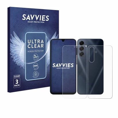 Front side of a product packaging with the brand logo Savvies. Next to it is the device Samsung Galaxy A16 4G (Front+Back) sho