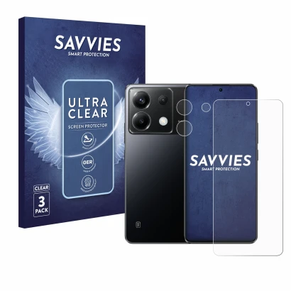 Front side of a product packaging with the brand logo Savvies. Next to it is the device Xiaomi Poco X6 (Front+Camera) shown wi