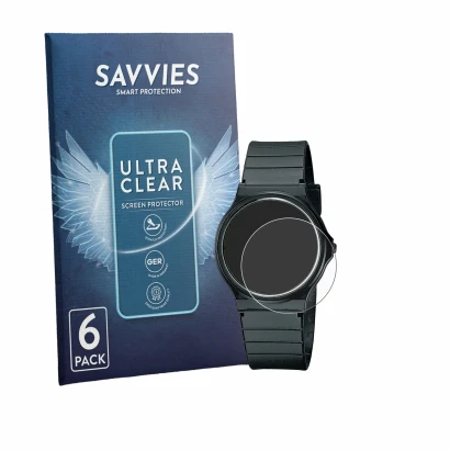 Front side of a product packaging with the brand logo Savvies. Next to it is the device Casio Collection MQ-24 shown with the 
