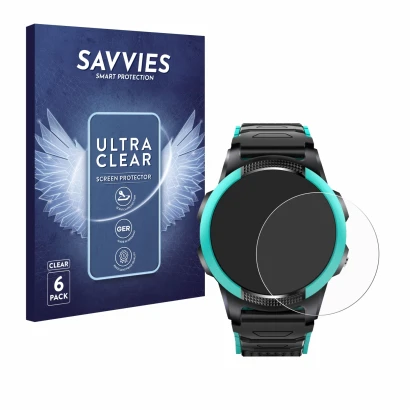 Front side of a product packaging with the brand logo Savvies. Next to it is the device SaveFamily Slim 4G shown with the corr