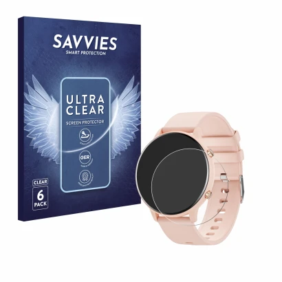 Front side of a product packaging with the brand logo Savvies. Next to it is the device Hwagol Smartwatch G25 1.39" shown with
