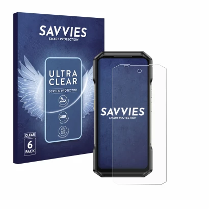 Front side of a product packaging with the brand logo Savvies. Next to it is the device Ulefone Armor 27 shown with the corres