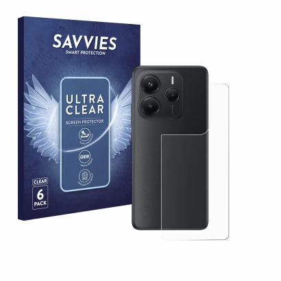 Front side of a product packaging with the brand logo Savvies. Next to it is the device Xiaomi Redmi Note 14 (Back) shown with