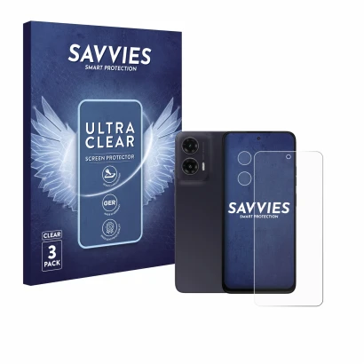 Front side of a product packaging with the brand logo Savvies. Next to it is the device Motorola Moto G35 (Front+Camera) shown