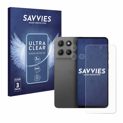 Front side of a product packaging with the brand logo Savvies. Next to it is the device Motorola Moto G15 Power (Front+Camera)