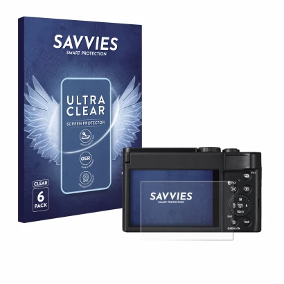 Front side of a product packaging with the brand logo Savvies. Next to it is the device Panasonic Lumix DC-TZ99 shown with the