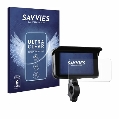 Front side of a product packaging with the brand logo Savvies. Next to it is the device Midland Bike-Play-Guardian shown with 