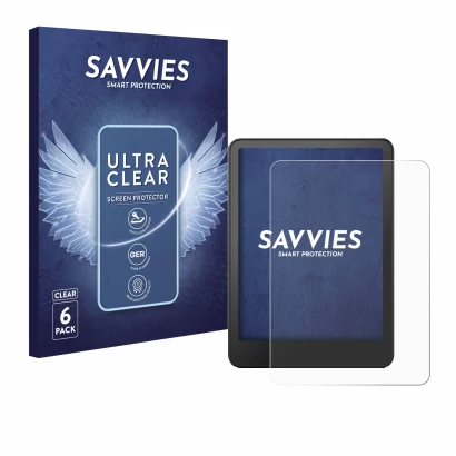 Front side of a product packaging with the brand logo Savvies. Next to it is the device Amazon Kindle Paperwhite 2024 Signatur