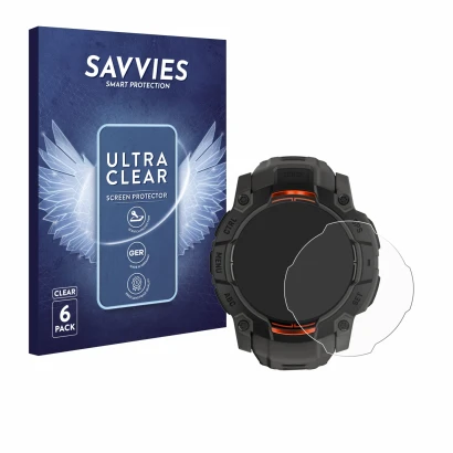 Front side of a product packaging with the brand logo Savvies. Next to it is the device Garmin Instinct 3 Solar (50 mm) shown 