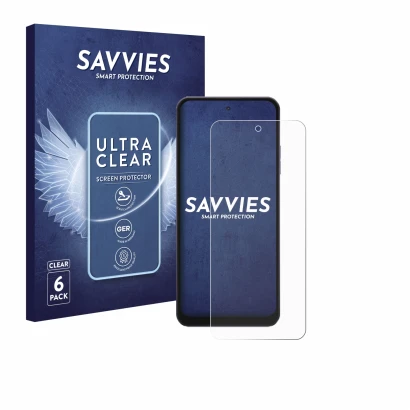 Front side of a product packaging with the brand logo Savvies. Next to it is the device Hotwav Note 13 Max shown with the corr