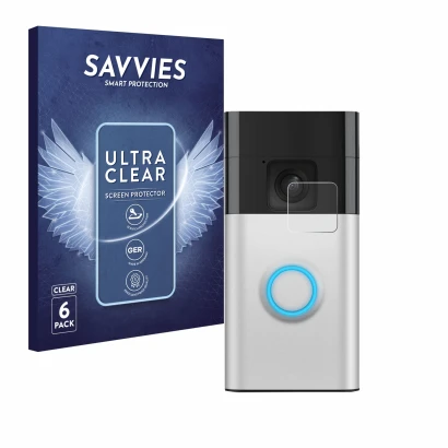 Front side of a product packaging with the brand logo Savvies. Next to it is the device Ring Battery Video Doorbell shown with