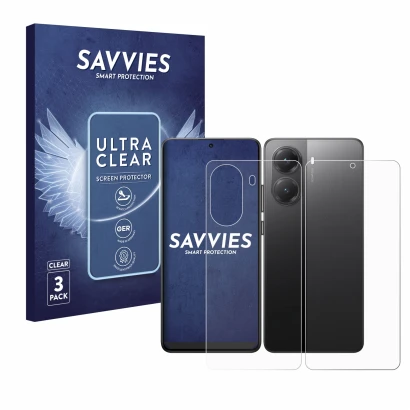 Front side of a product packaging with the brand logo Savvies. Next to it is the device Xiaomi Poco X7 Pro (Front+Back) shown 