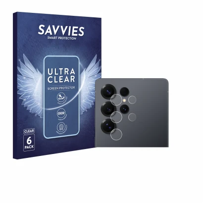 Front side of a product packaging with the brand logo Savvies. Next to it is the device Samsung Galaxy S25 Ultra (ONLY Camera 