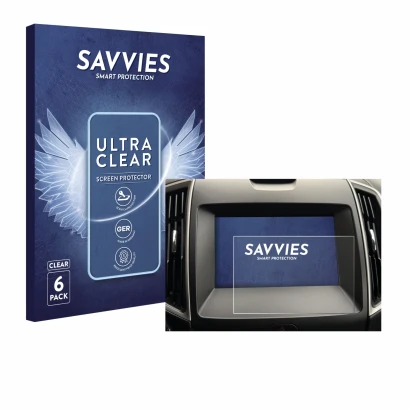 Front side of a product packaging with the brand logo Savvies. Next to it is the device Ford Galaxy Infotainment Sync 3 (2019)