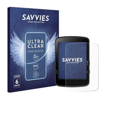 Front side of a product packaging with the brand logo Savvies. Next to it is the device Bryton Rider 17 shown with the corresp