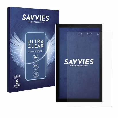 Front side of a product packaging with the brand logo Savvies. Next to it is the device SONOFF NSPanel Pro 120 shown with the 