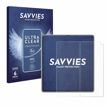 Front side of a product packaging with the brand logo Savvies. Next to it is the device Huawei Mate X6 (Inner display) shown w