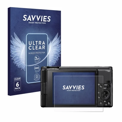 Front side of a product packaging with the brand logo Savvies. Next to it is the device Sony ZV-1A shown with the correspondin