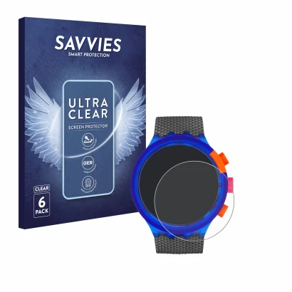 Front side of a product packaging with the brand logo Savvies. Next to it is the device Swatch Neon Party shown with the corre