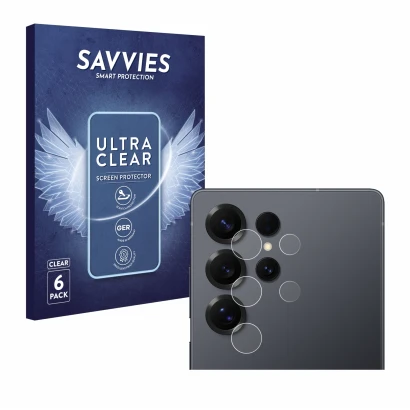 Front side of a product packaging with the brand logo Savvies. Next to it is the device Samsung Galaxy S25 Ultra Enterprise Ed