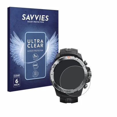 Front side of a product packaging with the brand logo Savvies. Next to it is the device Xiaomi Mibro GS Explorer shown with th