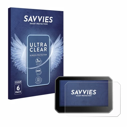 Front side of a product packaging with the brand logo Savvies. Next to it is the device Elegoo Centauri Carbon 4,3" shown with