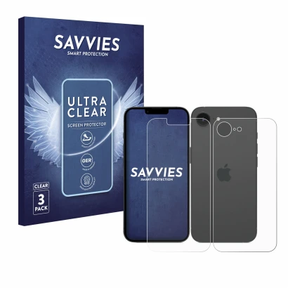 Front side of a product packaging with the brand logo Savvies. Next to it is the device Apple iPhone 16e (Front+Back) shown wi