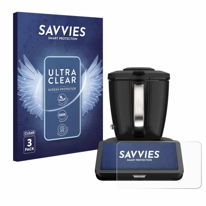 Front side of a product packaging with the brand logo Savvies. Next to it is the device Vorwerk Thermomix TM7 shown with the c