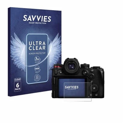 Front side of a product packaging with the brand logo Savvies. Next to it is the device Panasonic Lumix S1R II shown with the 