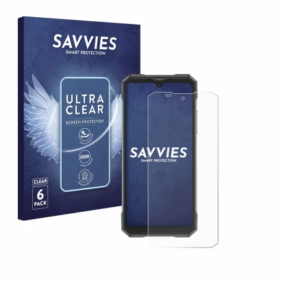 Front side of a product packaging with the brand logo Savvies. Next to it is the device Doogee S200X shown with the correspond