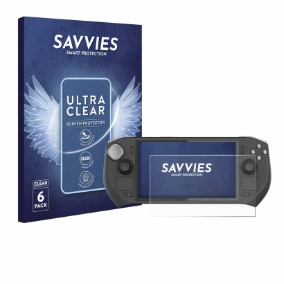 Front side of a product packaging with the brand logo Savvies. Next to it is the device Zotac Gaming Zone shown with the corre