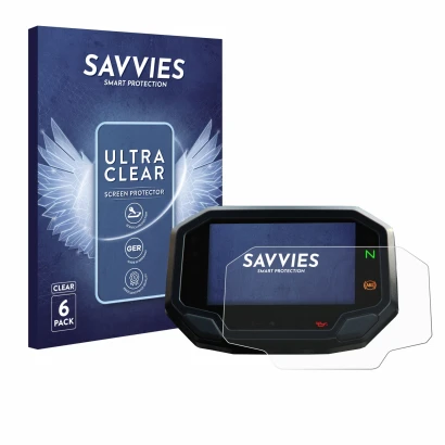 Front side of a product packaging with the brand logo Savvies. Next to it is the device Kawasaki Versys 650 2022+ shown with t