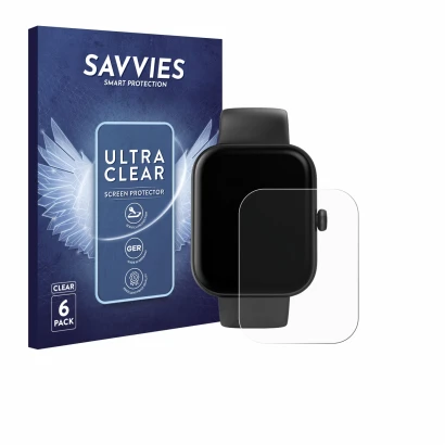 Front side of a product packaging with the brand logo Savvies. Next to it is the device Hama Smartwatch 5000 shown with the co