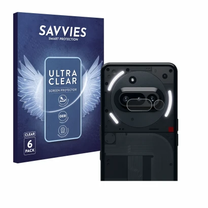 Front side of a product packaging with the brand logo Savvies. Next to it is the device Nothing Phone (3a) (ONLY Camera Lens) 