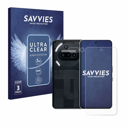 Front side of a product packaging with the brand logo Savvies. Next to it is the device Nothing Phone (3a) (Front+Camera) show