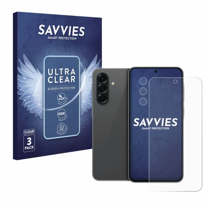 Front side of a product packaging with the brand logo Savvies. Next to it is the device Samsung Galaxy A56 5G (Front+Camera) s