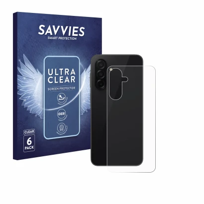 Front side of a product packaging with the brand logo Savvies. Next to it is the device Samsung Galaxy A26 5G (Back) shown wit