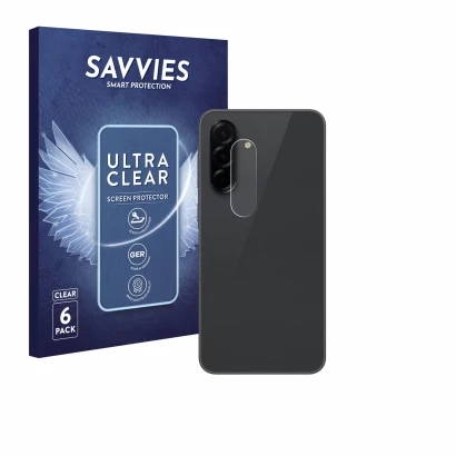 Front side of a product packaging with the brand logo Savvies. Next to it is the device Samsung Galaxy A36 5G (ONLY Camera Len