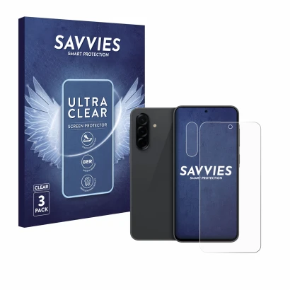 Front side of a product packaging with the brand logo Savvies. Next to it is the device Samsung Galaxy A36 5G (Front+Camera) s