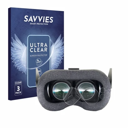 Front side of a product packaging with the brand logo Savvies. Next to it is the device Valve Index VR-Headset shown with the 